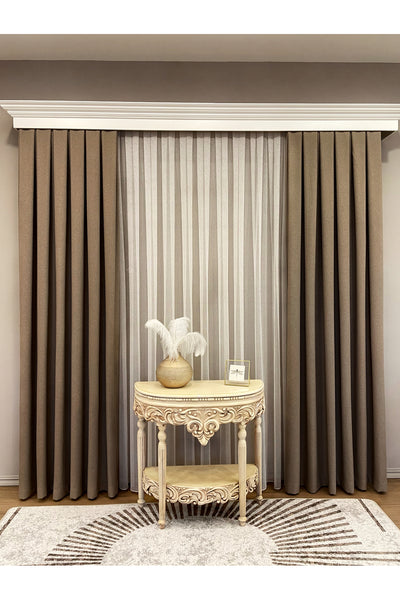 Heathered Milky Brown Linen-Look 1/3 Dense Pleated Blackout Curtain