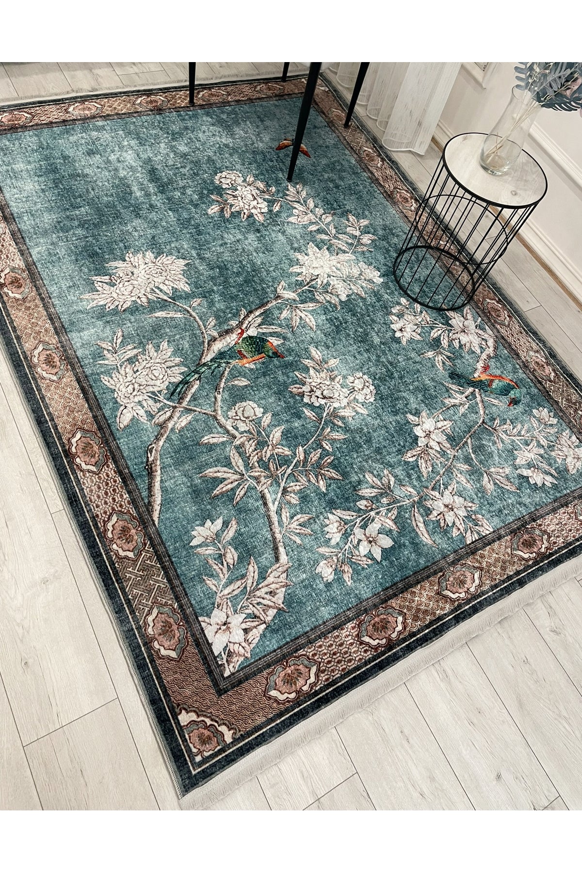 Soft Blue Bird Pattern Bordered Non-Slip Rug