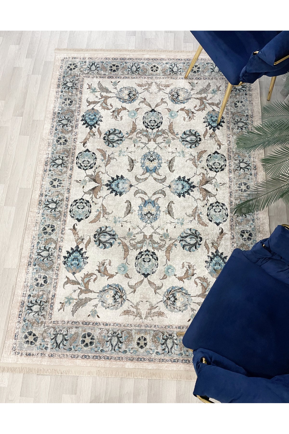 BEIGE-BLUE Traditional Distressed FRINGED Classic Non-Slip Base Rug