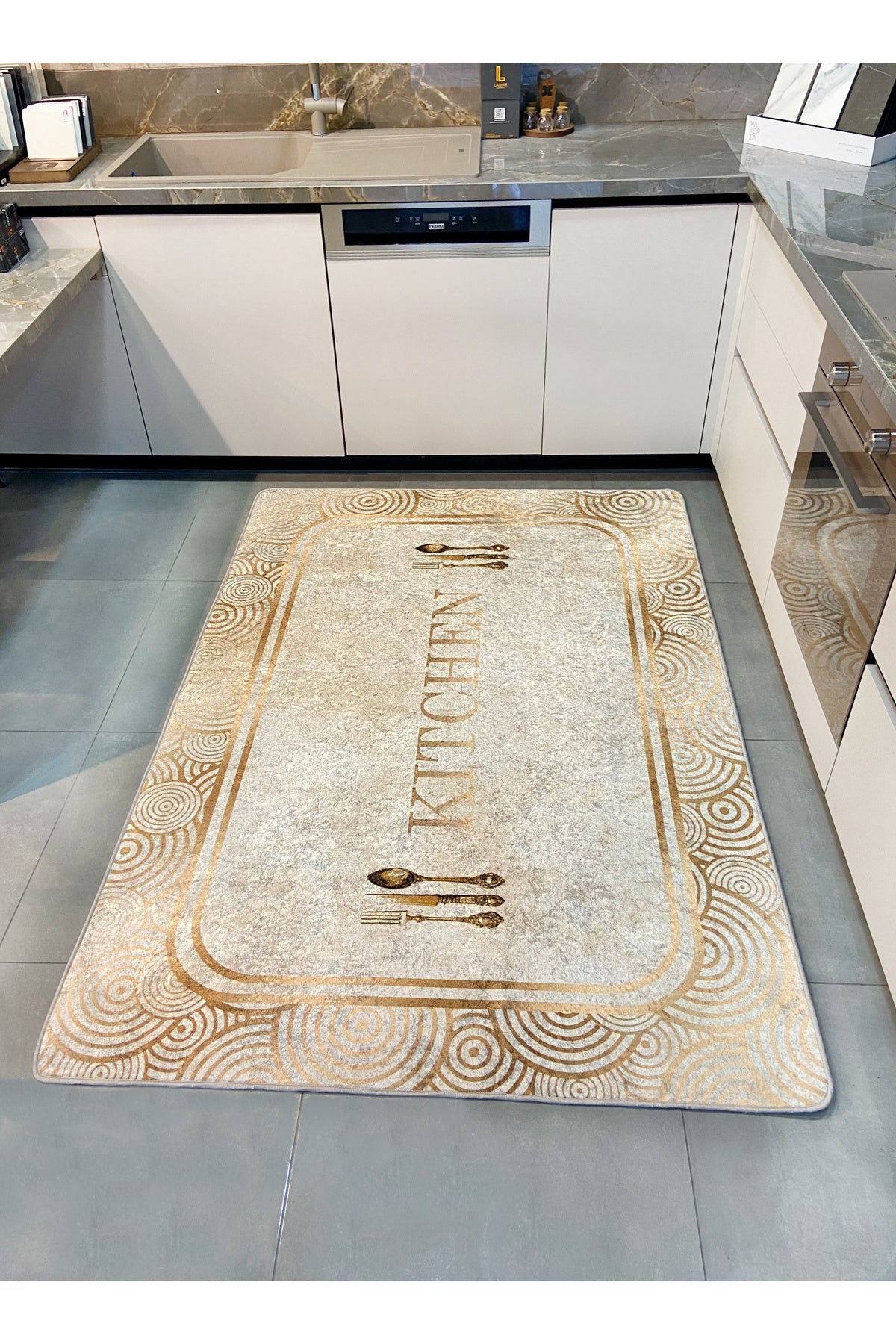 Beige Kitchen Script with Gold Detail Latex Base Rug