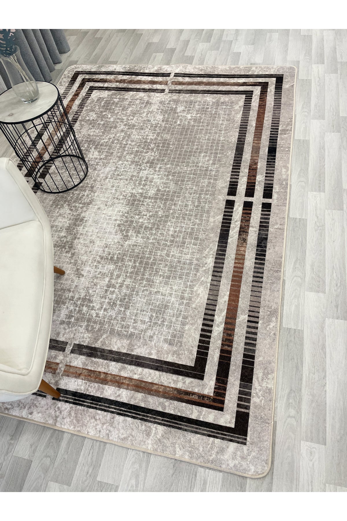 BEIGE Striped Bordered Non-Slip Base Framed Rug