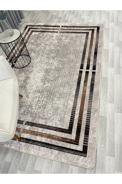 BEIGE Striped Bordered Non-Slip Base Framed Rug