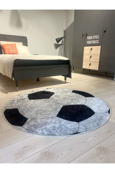 Football Pattern Washable Round Kids & Youth Rug - Gray