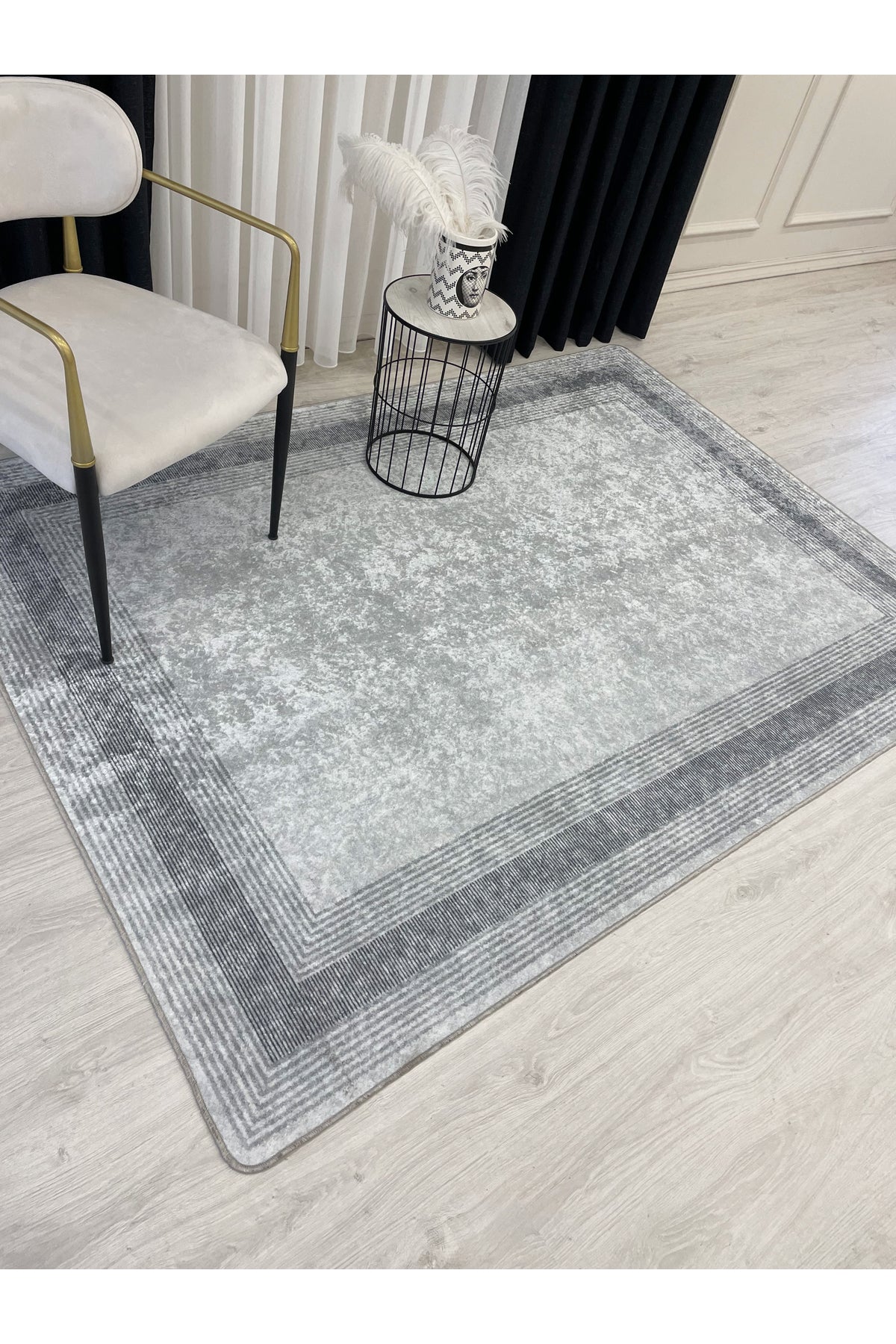 Light Gray Bordered Pattern Latex Leather-Backed Rug