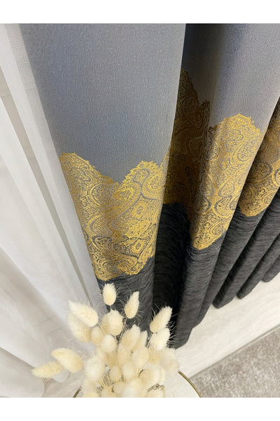 Brown Gold - Damask Patterned 1/3 Dense Pleated Blackout Curtain