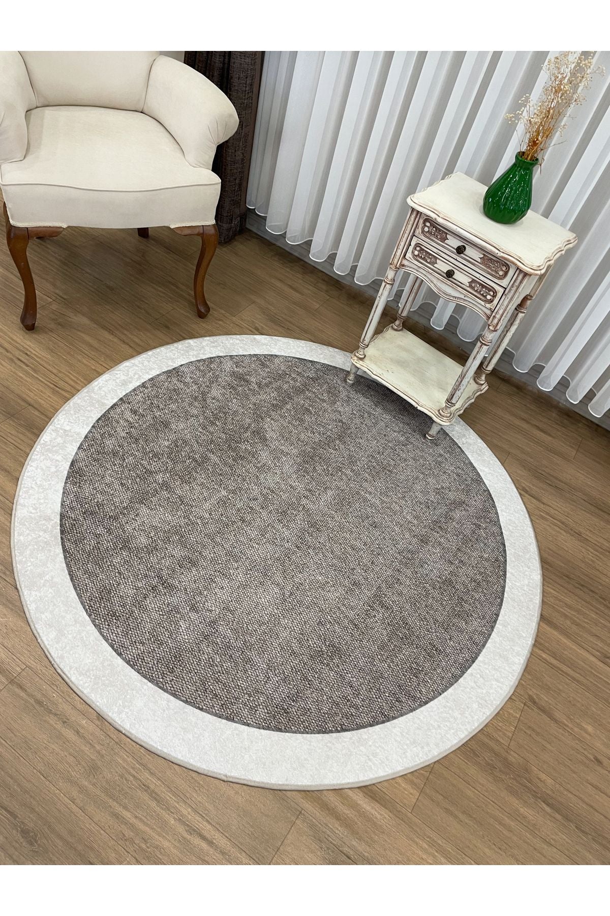 Jute-Look Washable Latex Base Round Rug - Beige Brown