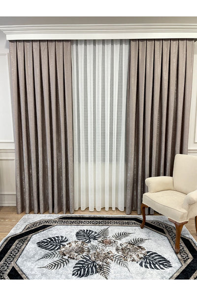 Jacquard Ground Foil Print 1/3 Dense Pleat Blackout Curtain - Beige - Gold Foil