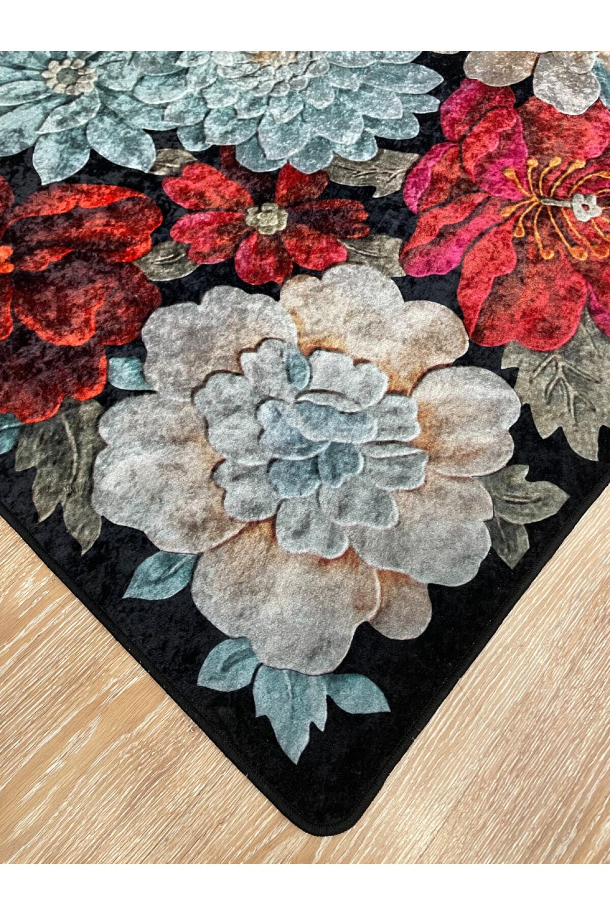 Floral Pattern Washable Decorative Round Rug - Gray