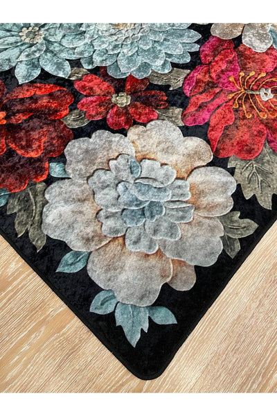Floral Pattern Washable Decorative Round Rug - Gray