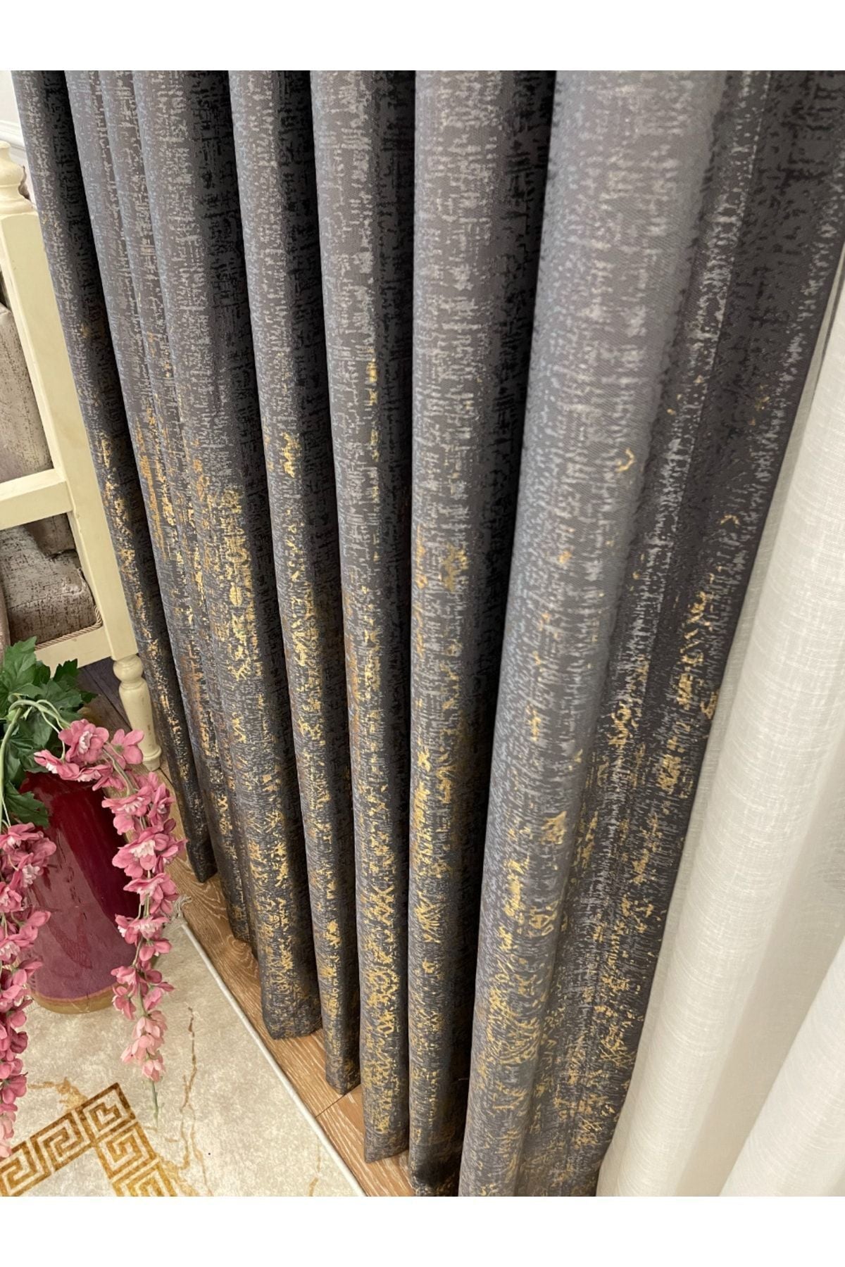 Jacquard Ground Foil Print 1/3 Dense Pleat Blackout Curtain - Beige - Gold Foil