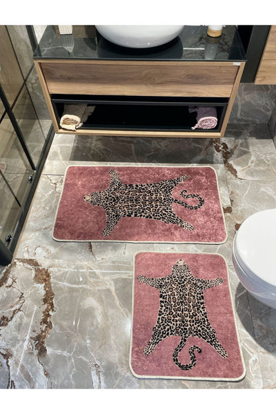 Set of 2 Leopard Print 60x100 - 60x50 Bathroom Rugs - Fuchsia