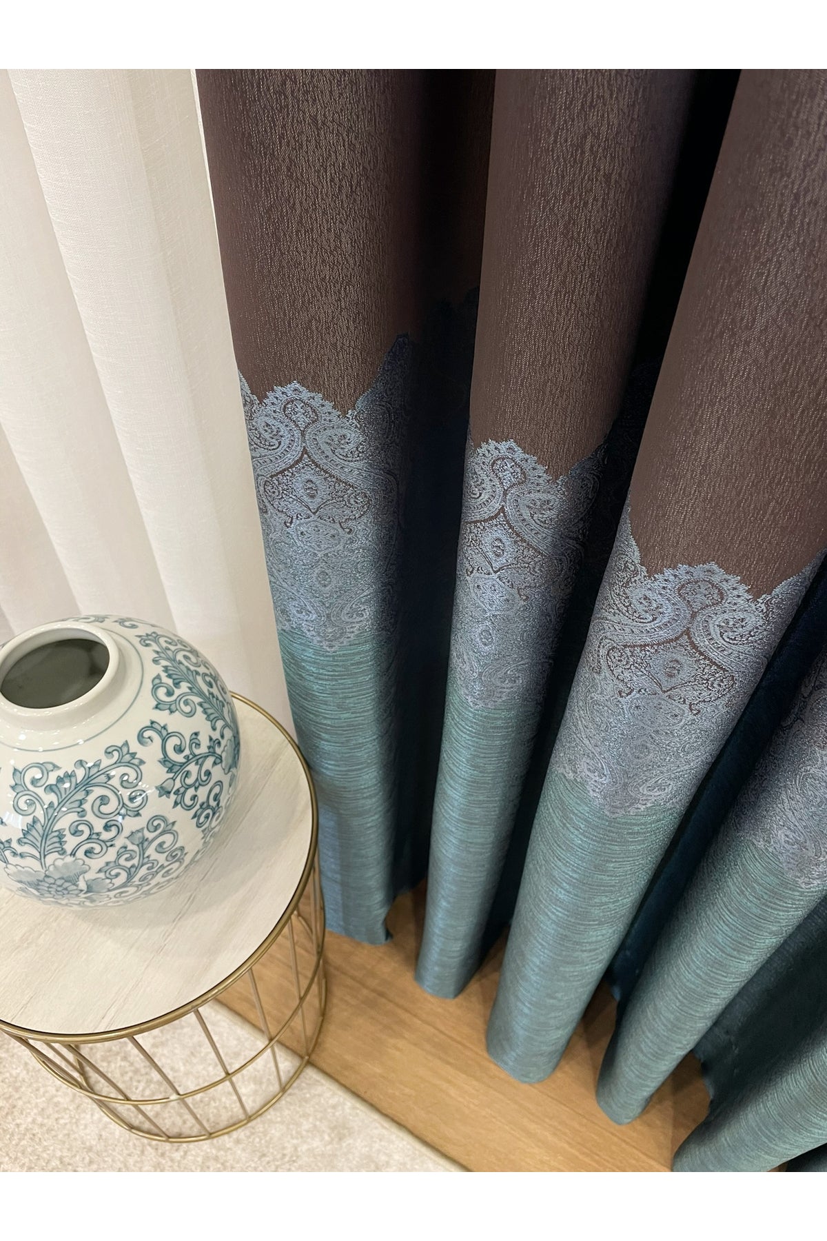 Brown Gold - Damask Patterned 1/3 Dense Pleated Blackout Curtain