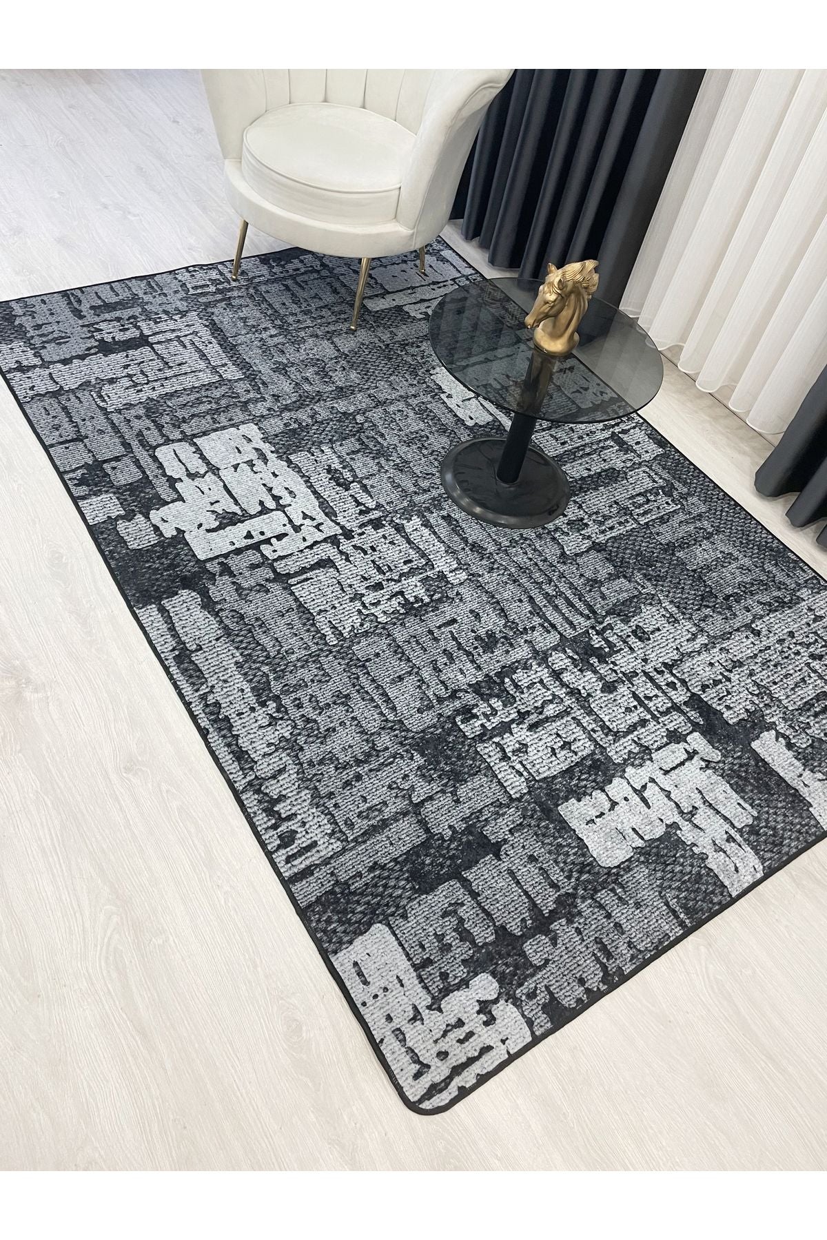 Beige-Blue Abstract Textured Look Latex Leather Base Rug