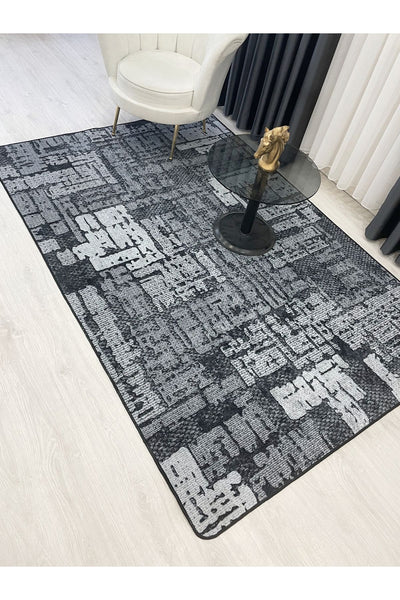 Beige-Blue Abstract Textured Look Latex Leather Base Rug