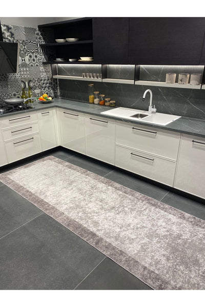 Geometric Striped Latex Leather Backing Fringeless Kitchen Rug - Gray-Black