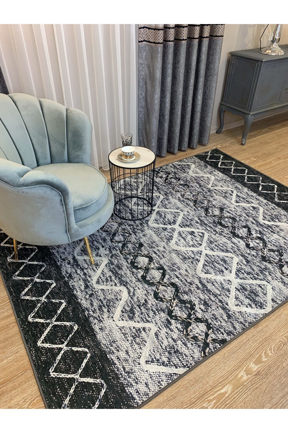 Ethnic Pattern Woven Backing Rug - Gray-Black