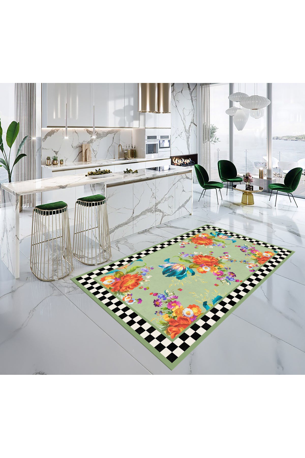 Floral Checkered Latex-Backed Fringe-Free Runner Kitchen Rug