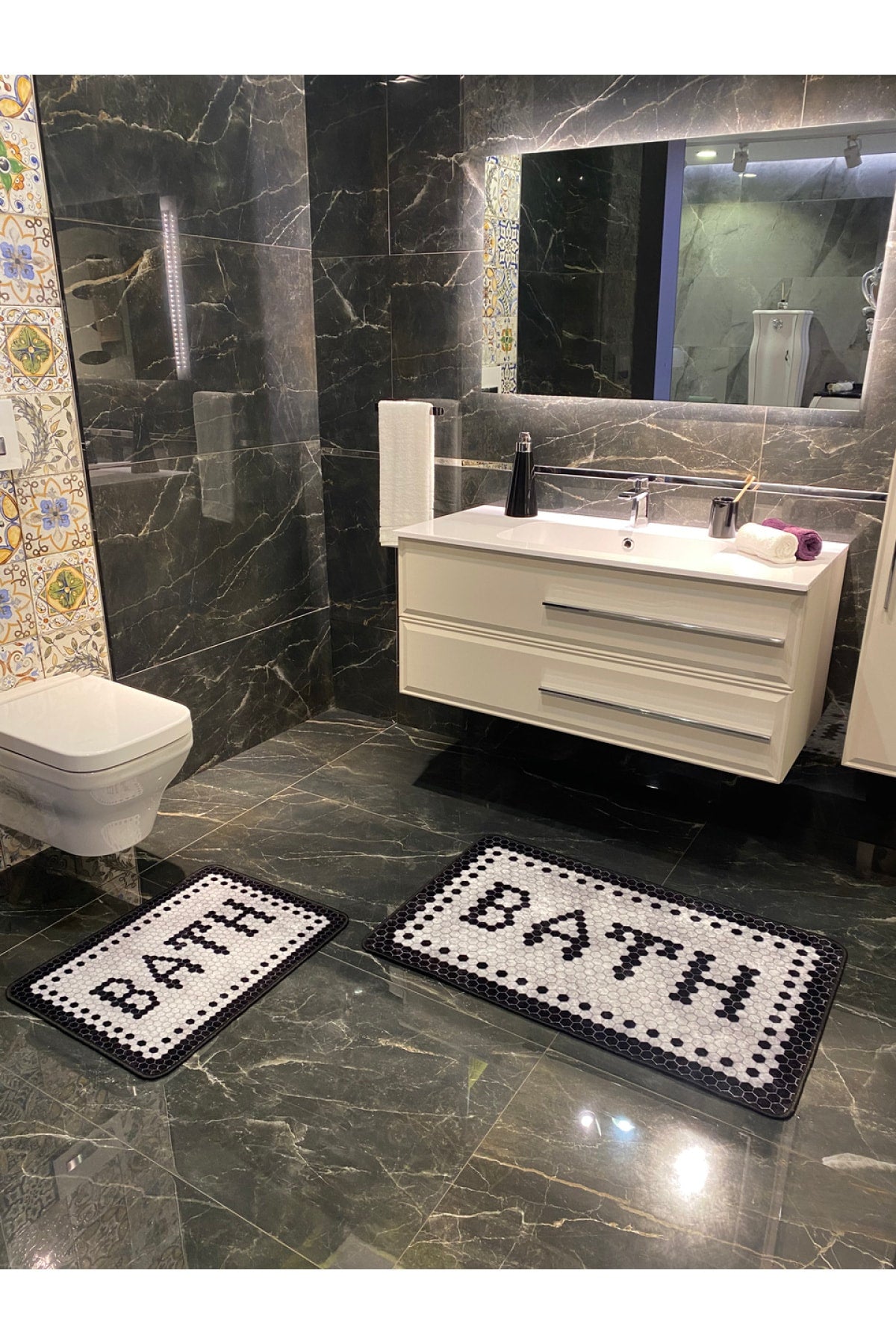"Black Bath" Print 2-Piece Non-Slip Waterproof Bathroom Rug Set (60x100 - 60x50) Gray