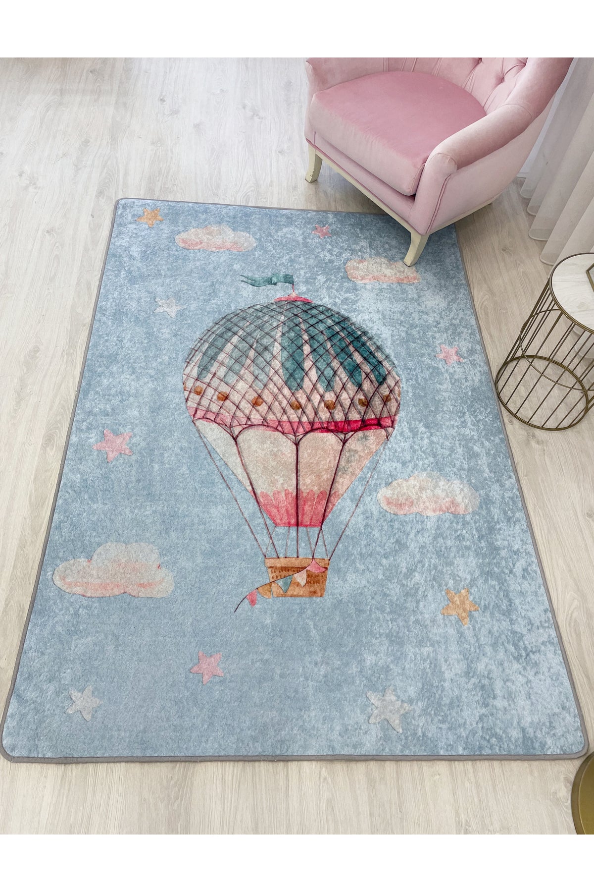 Balon Desen Mavi Renk Lateks Deri Taban Çocuk Halısı