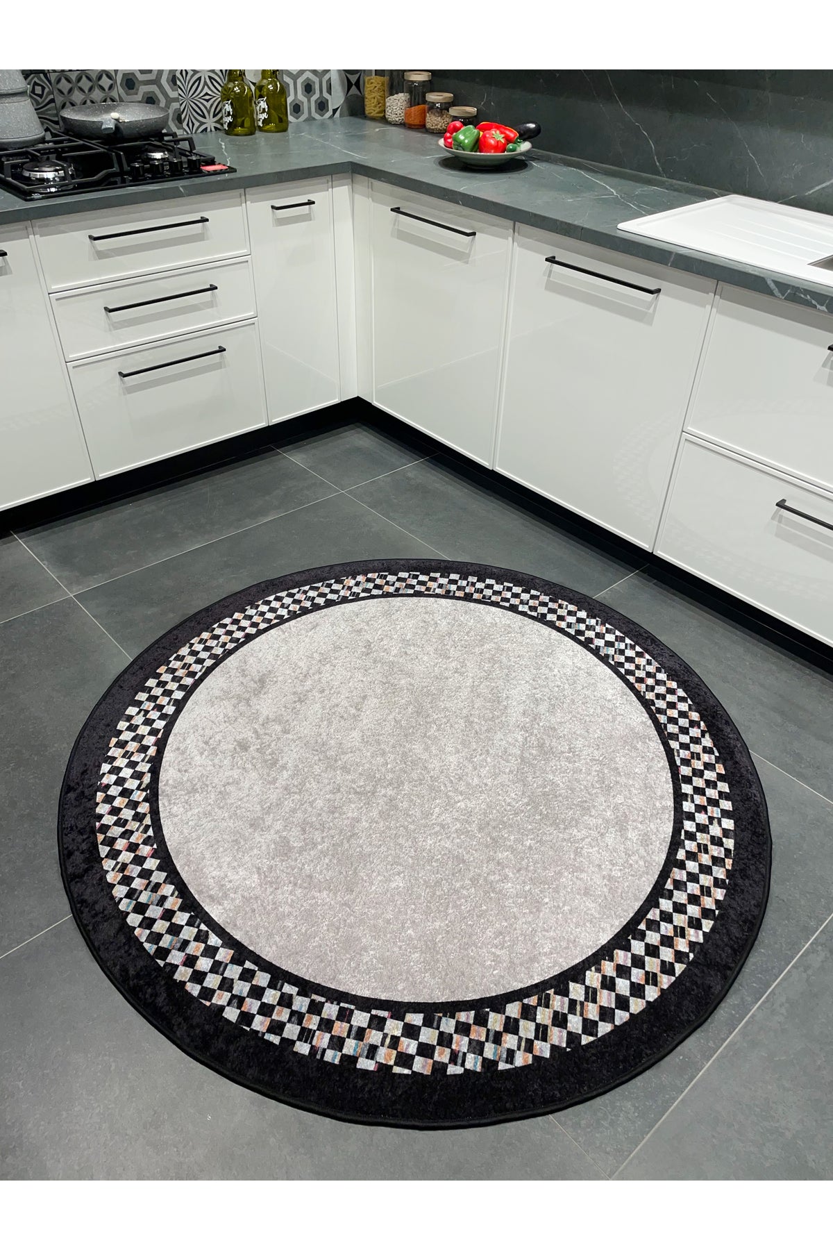 Checkered Round Latex Non-Slip Base Fringe-Free Kitchen Terrace Balcony Rug