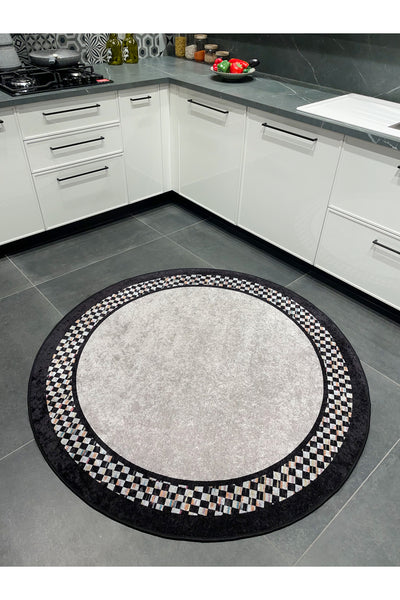 Checkered Round Latex Non-Slip Base Fringe-Free Kitchen Terrace Balcony Rug