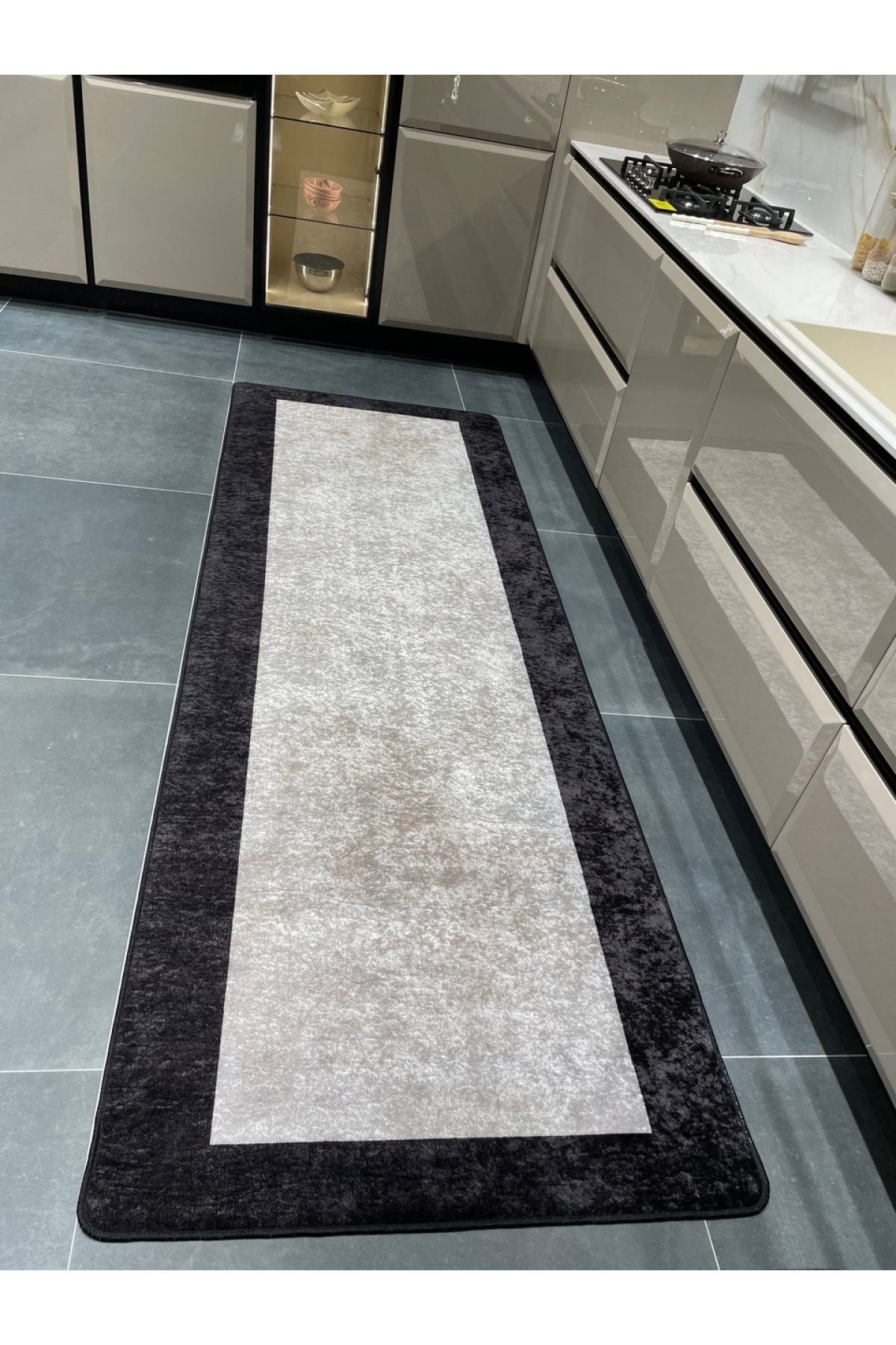 Geometric Striped Latex Leather Backing Fringeless Kitchen Rug - Gray-Black
