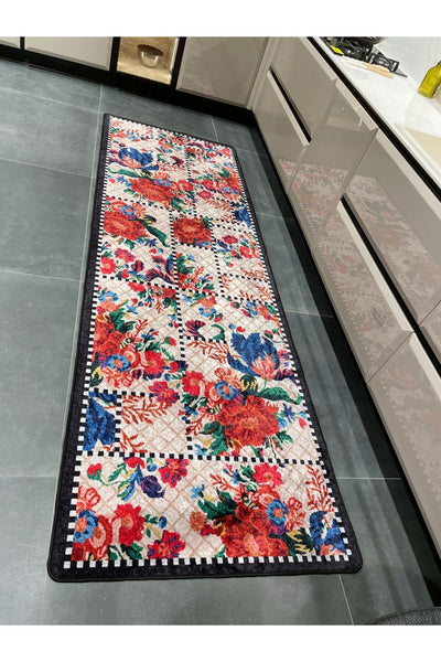 Beige Black Floral Checkered Kitchen Rug