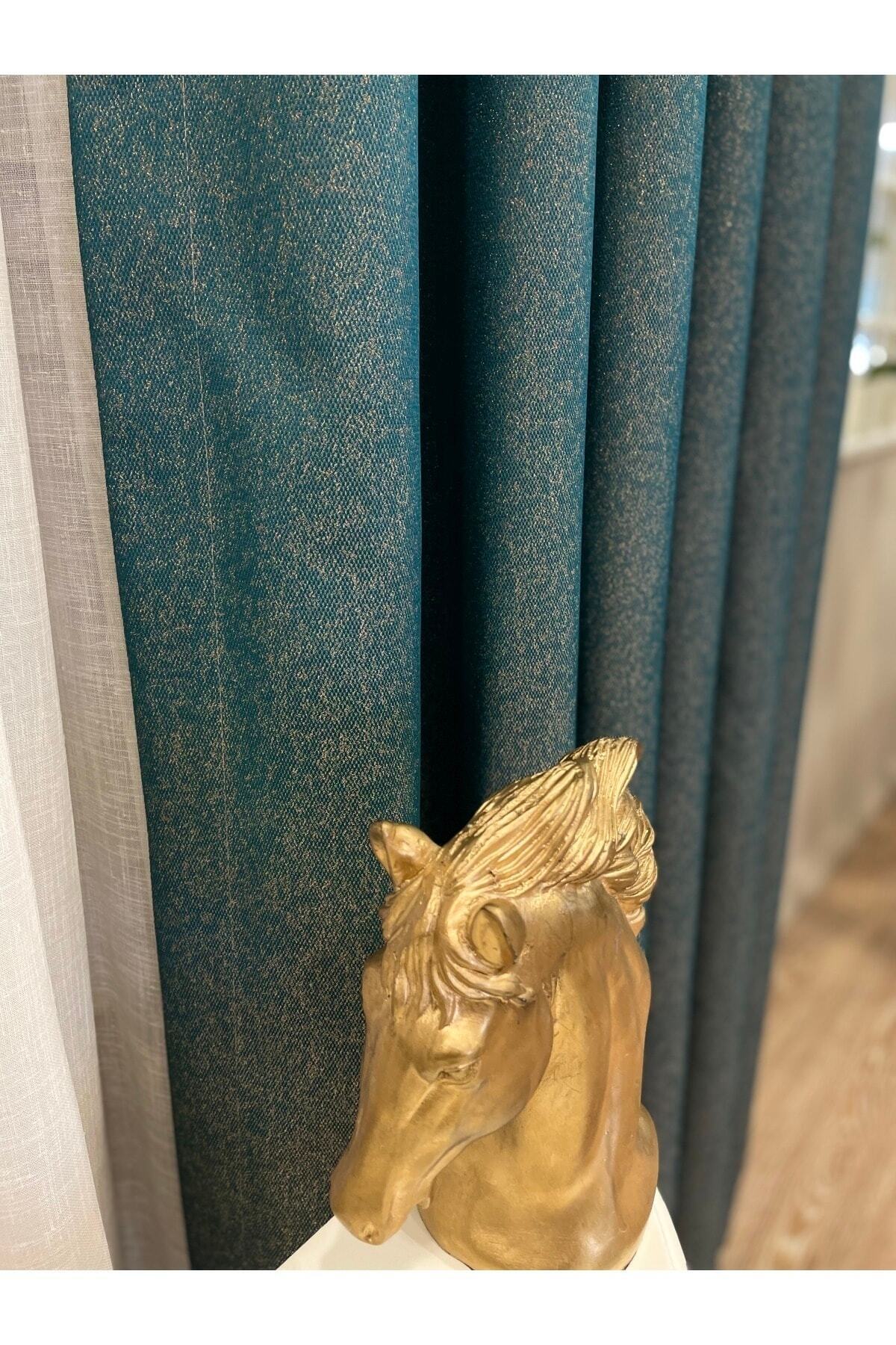 Linen-Look Glittery Plain Blackout Curtain 1/3 Dense Pleated - Green - Gold Glitter