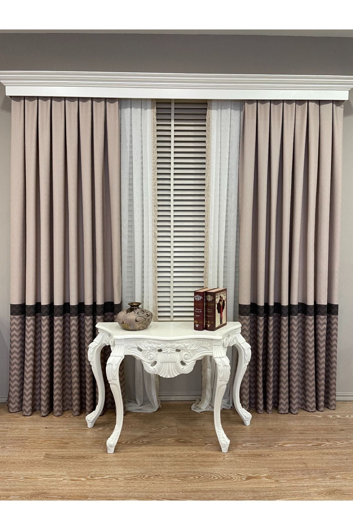 Jacquard 1/3 Dense Pleat Zigzag Striped Panel Print Blackout Curtain - Beige - Brown