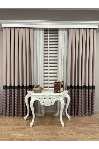 Jacquard 1/3 Dense Pleat Zigzag Striped Panel Print Blackout Curtain - Beige - Brown