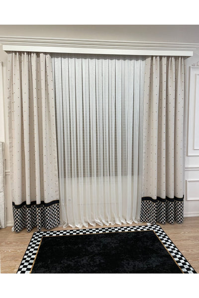 No-Pleat Extra-Reinforced Checkered Blackout Curtain - Beige-Black