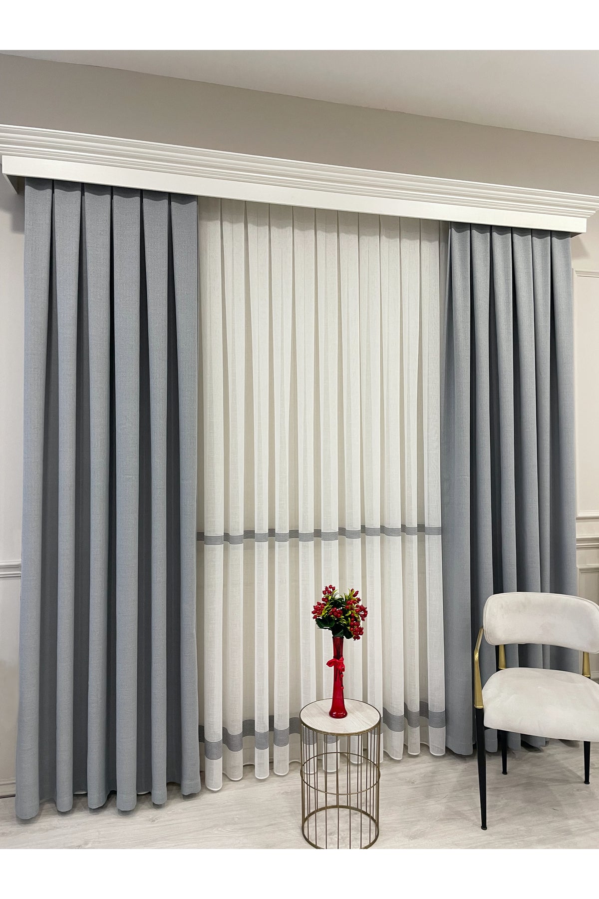 Linen-Look Banded 1/3 Dense Pleated - Ecru/Grey Sheer Curtain