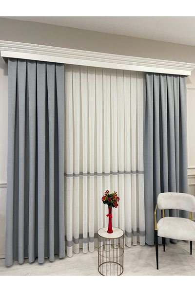 Linen-Look Banded 1/3 Dense Pleated - Ecru/Grey Sheer Curtain