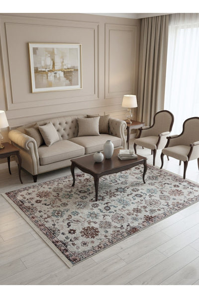 BEIGE Traditional Patterned FRINGED Classic Non-Slip Base Rug