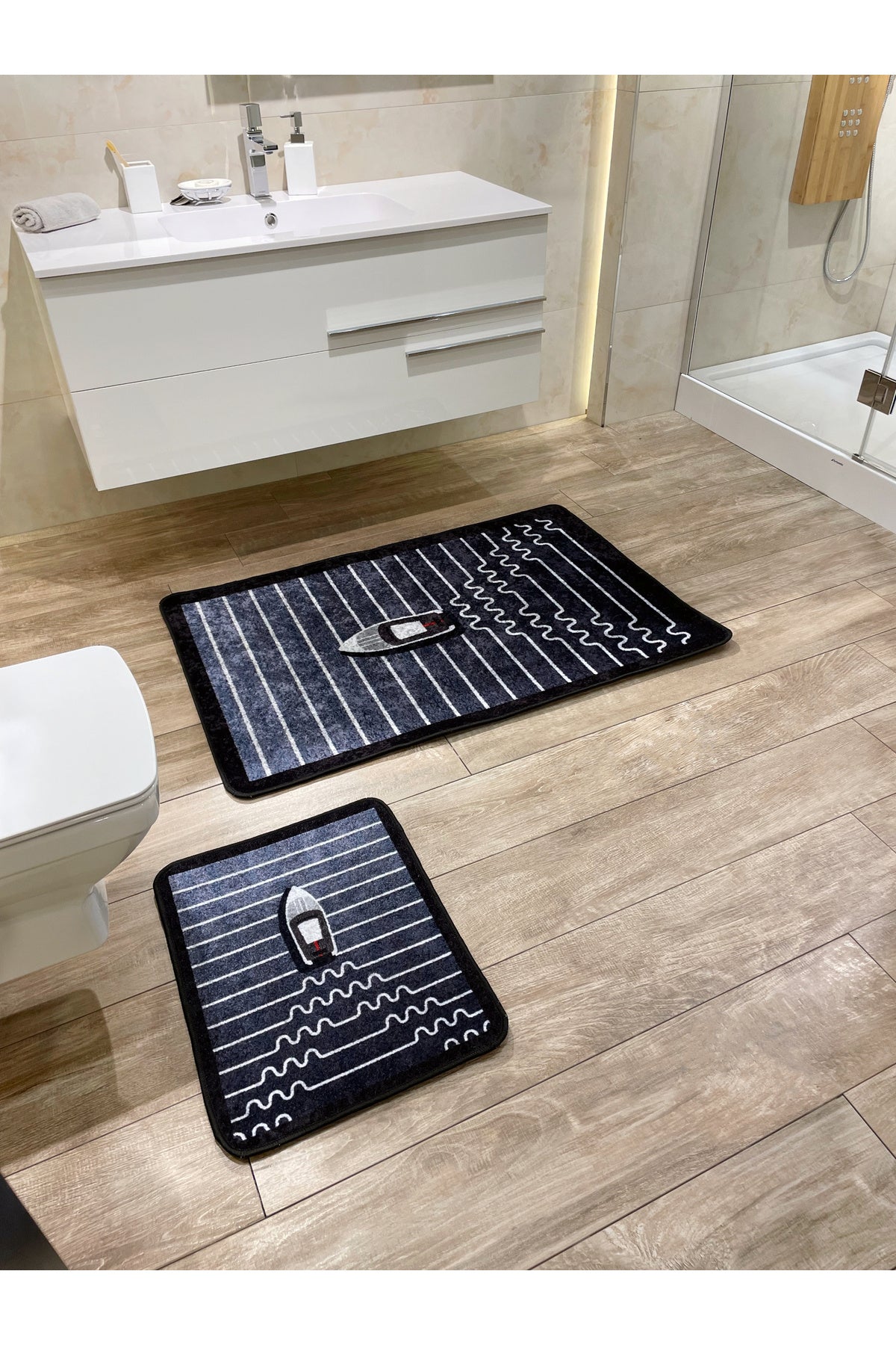 Boat Pattern Striped 2-Piece Leather Base Bathroom Mat Set (70x110 - 70x50)