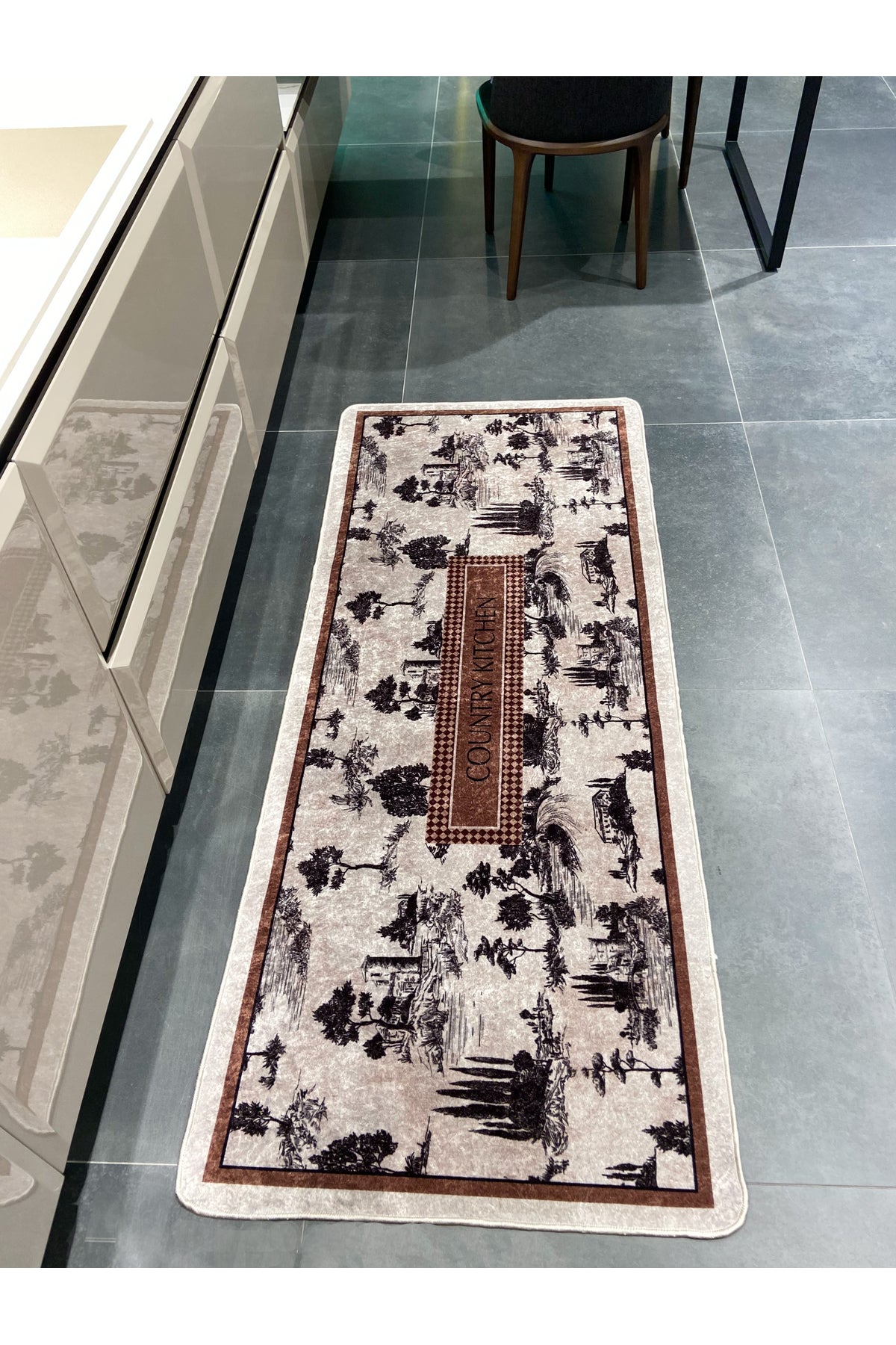 Country Patterned Latex Leather Base Kitchen Rug - Brown