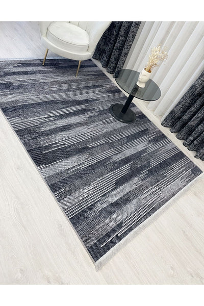 Modern Striped Patterned Fringed Latex Leather Base Rug