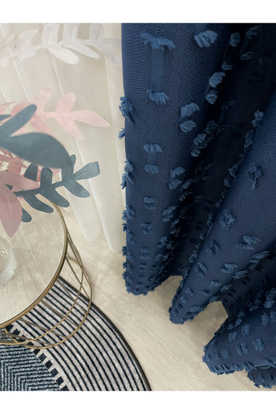 Indigo Blue Pompom Puffy Blackout Curtain 1/3 Dense Pleat