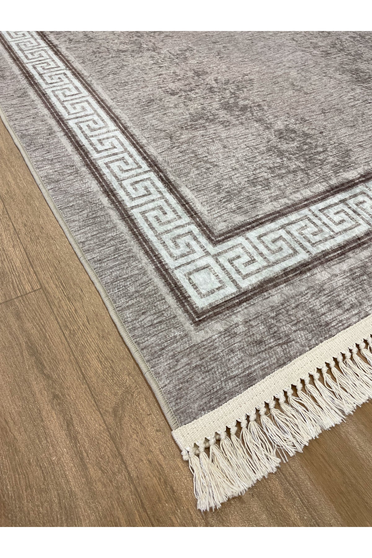 Brown Mink Bordered Latex Base Fringed Rug