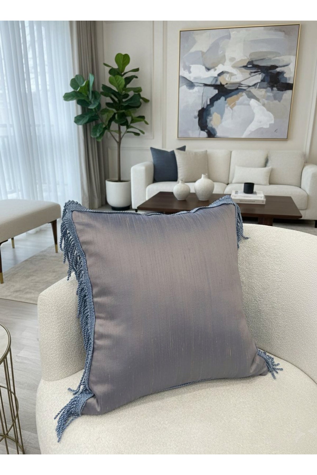 PURPLE/TURQUOISE Tasseled Silk Taffeta Cushion Cover (45X45)