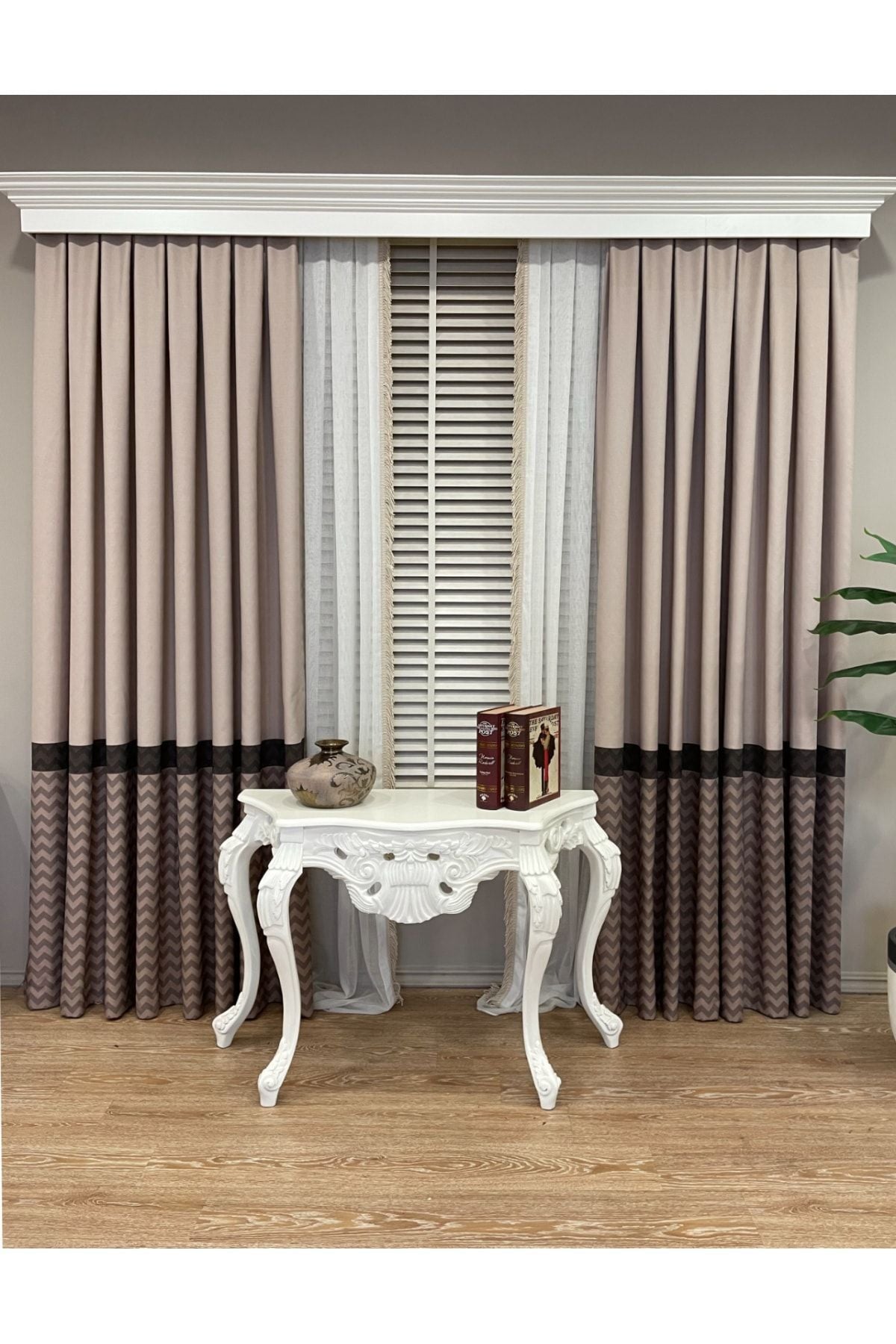Jacquard 1/3 Dense Pleat Zigzag Striped Panel Print Blackout Curtain - Beige - Brown