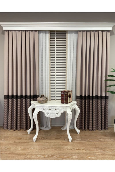 Jacquard 1/3 Dense Pleat Zigzag Striped Panel Print Blackout Curtain - Beige - Brown