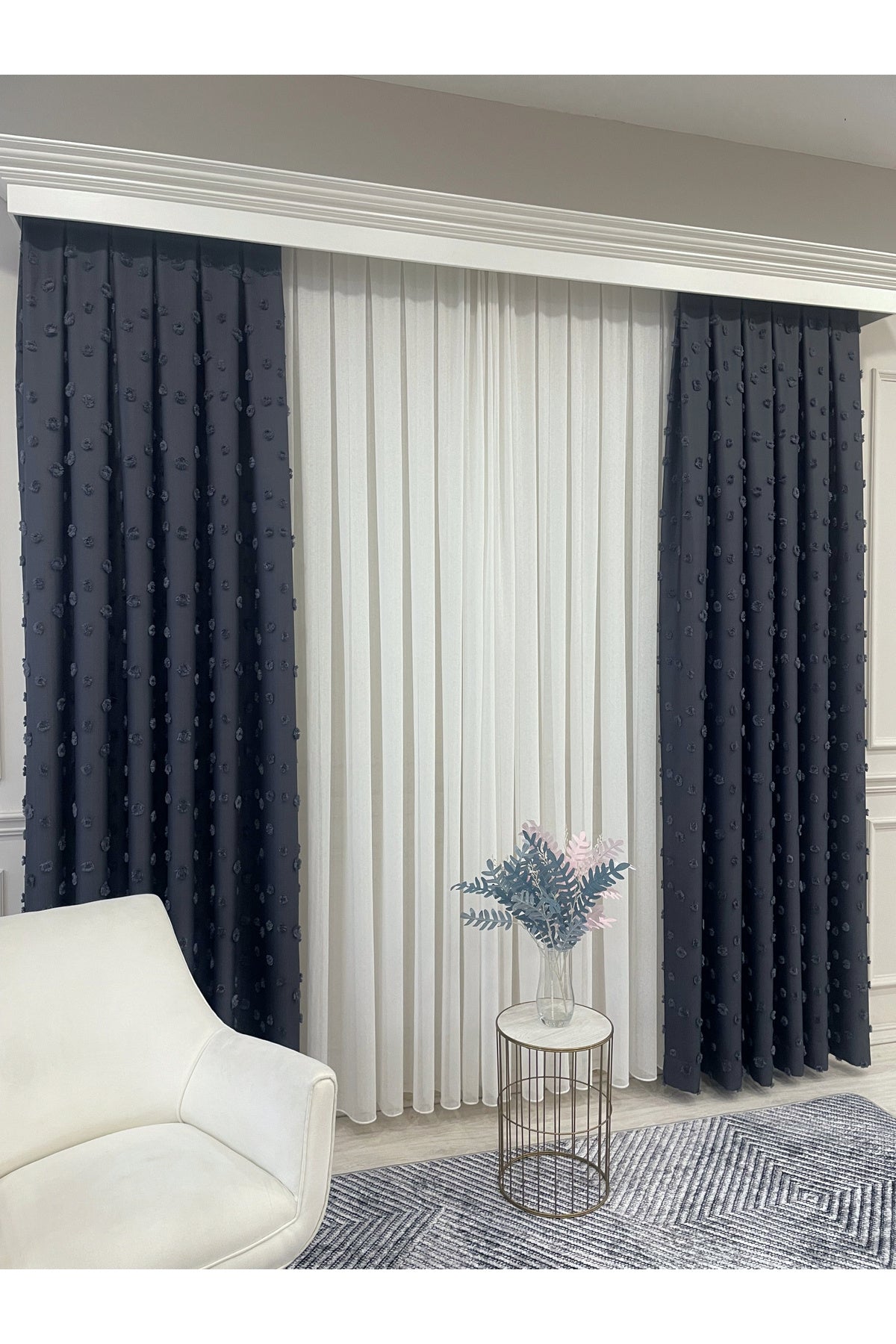 Blue Children's Room Pompom Puffy Blackout Curtain 1/3 Dense Pleating