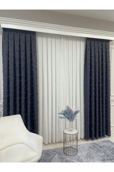 Blue Children's Room Pompom Puffy Blackout Curtain 1/3 Dense Pleating