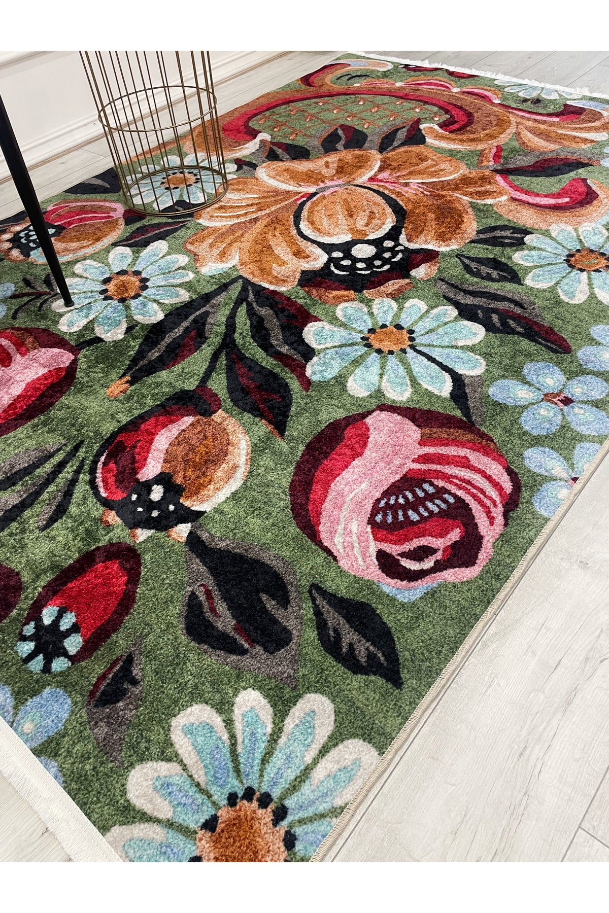 Green Floral Pattern Latex Base Rug