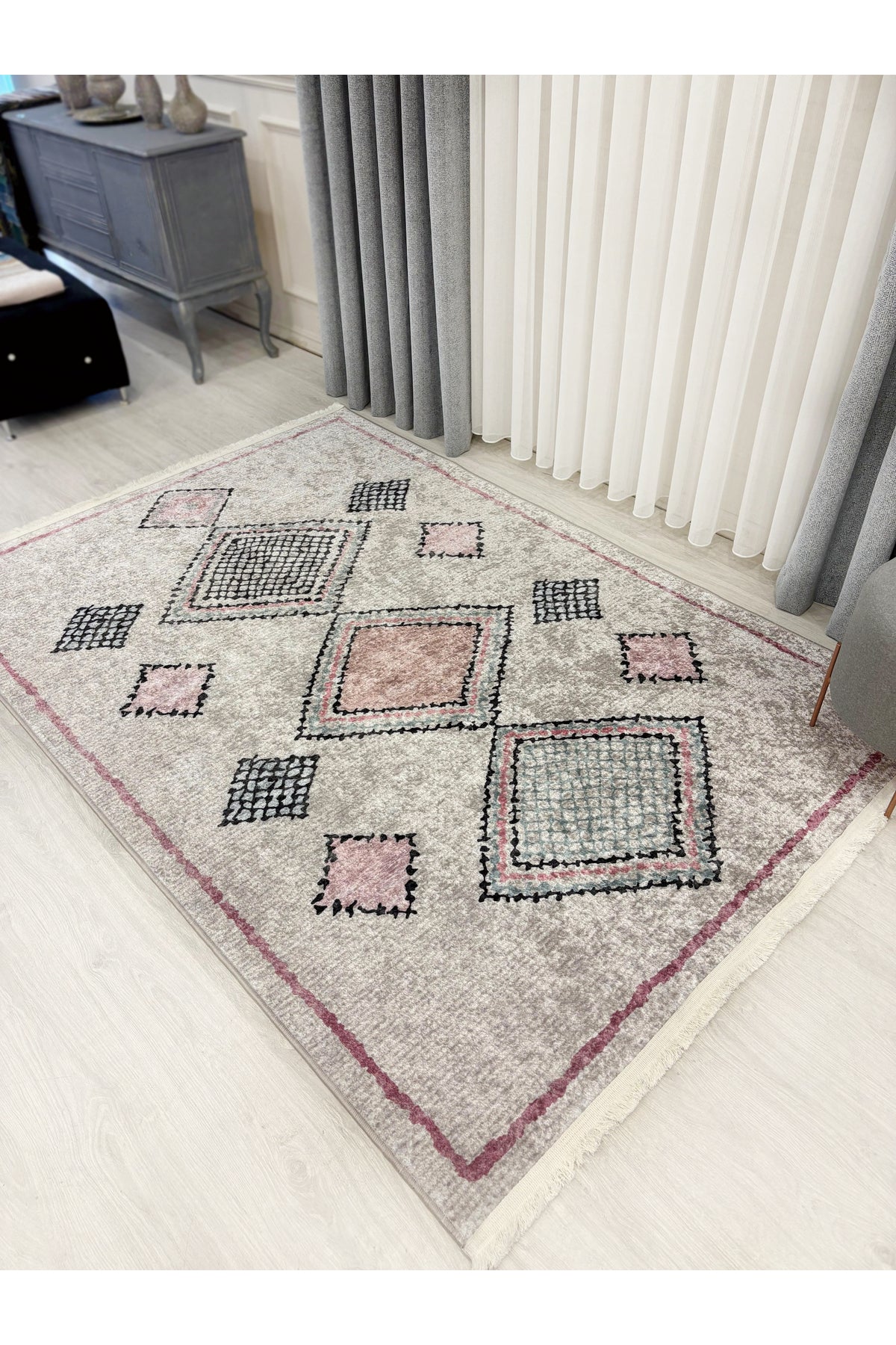 Beige - Powder Pink Ethnic Pattern Latex Non-Slip Base Rug