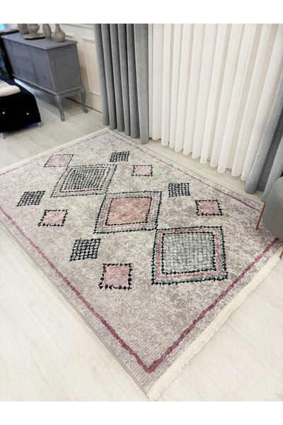 Beige - Powder Pink Ethnic Pattern Latex Non-Slip Base Rug