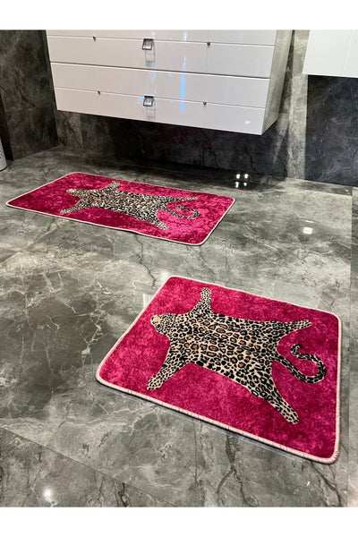 Set of 2 Leopard Print 60x100 - 60x50 Bathroom Rugs - Fuchsia