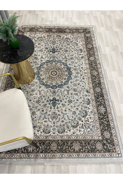 GRAY Traditional Motif FRINGED Classic Non-Slip Base Rug