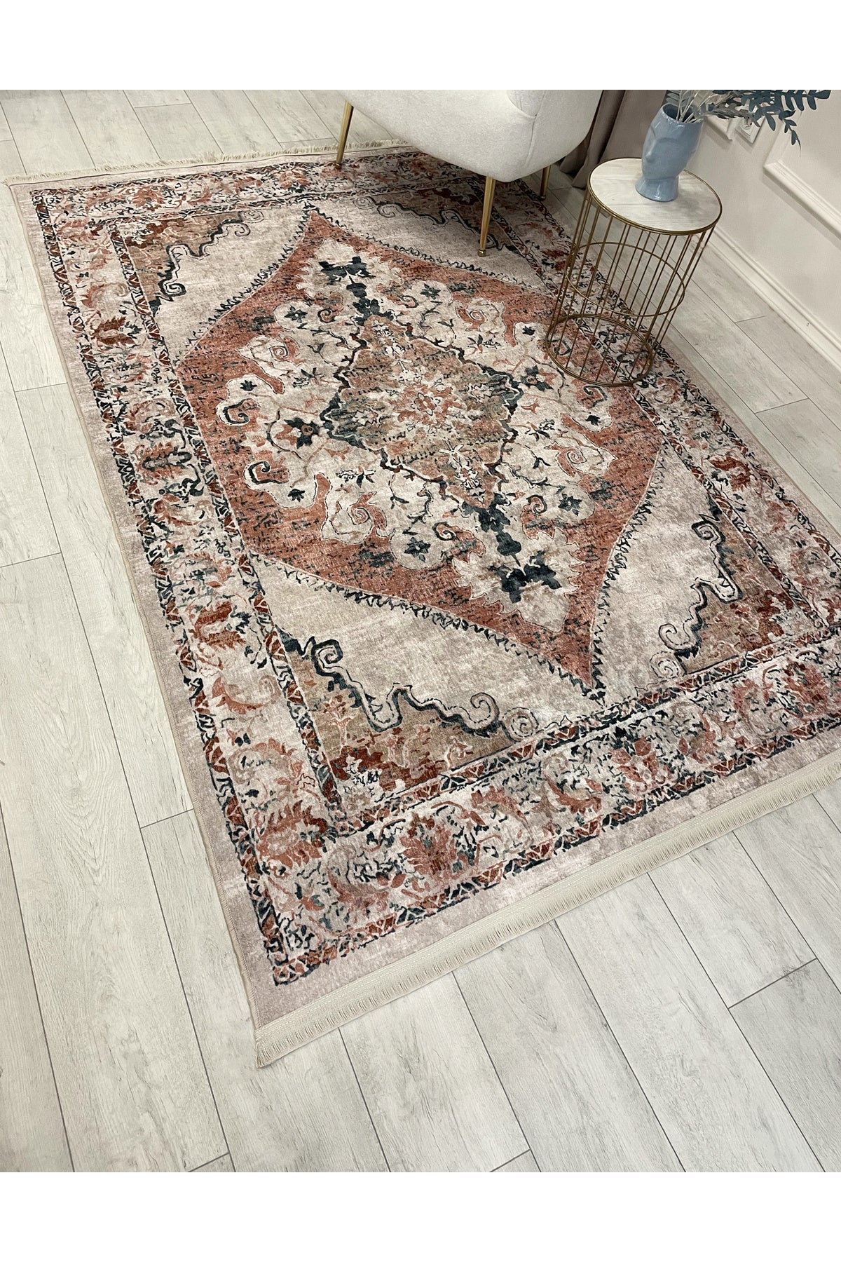 Gokbekli Damask Pattern Latex Base Living Room Rug